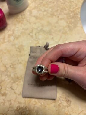 David Yurman Silver Ring with Dark Center Stone and Pink Accent